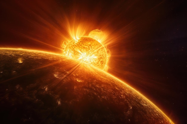 View of solar flare with view of earth visible in the background