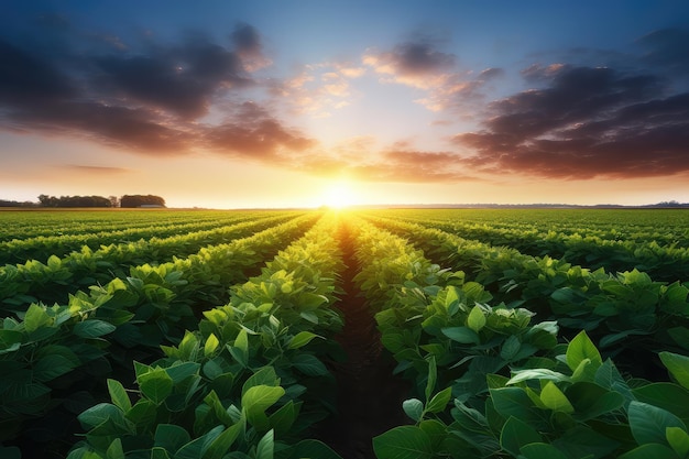 Foto vista del campo agricolo della fattoria di soia con il cielo sullo sfondo dell'agricoltura verde