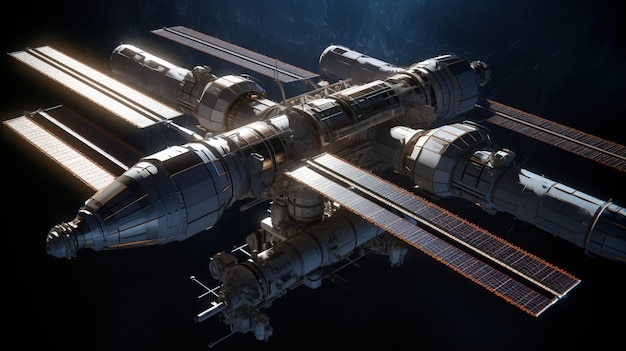 View of the space station flying through space Futuristic Spaceship