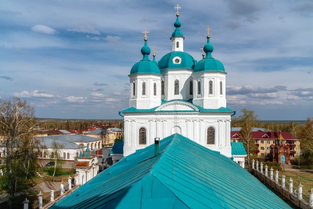 View of the Spassky Cathedral and the city of Yelabuga from the bell tower of the Spassky Cathedral on a sunny spring day Yelabuga Tatarstan Russia