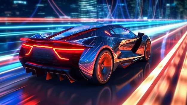 view of Sports Car On Neon Highway Powerful acceleration of a supercar on a black night