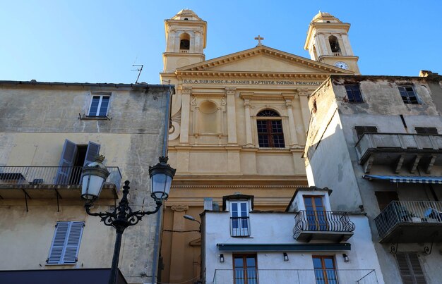 View of St Jean Baptiste cathedral in old port of Bastia second largest corsican city.