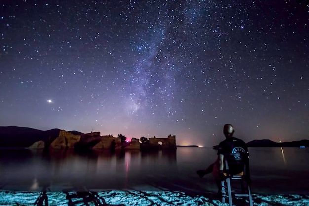 銀河系の星々と山頂の前景 ペルセイド流星雨の観測