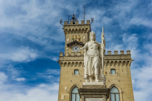 View at statue of Liberty in front of Public Palace in San Marino