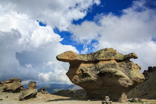 View of the stone mushrooms of elbrus near the northern slope of the mountain