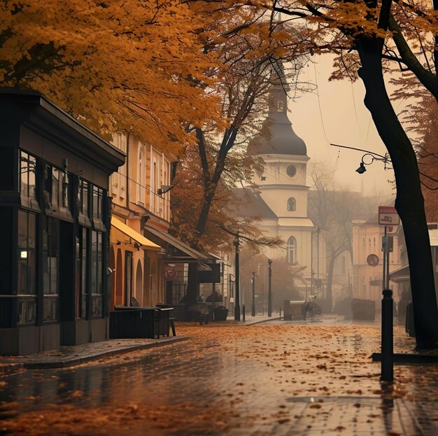 A view street with a sign at autumn