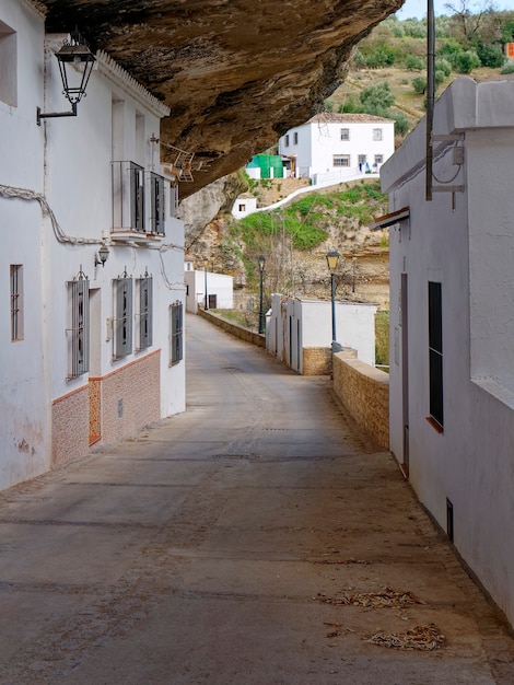 Setenil de las Bodegas 도시의 바위에 거리와 주택의 전망.