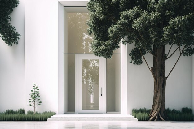 View of a stunning white building with floortoceiling windows and lush green surroundings
