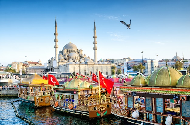 Vista della moschea suleymaniye e pescherecci a eminonu, istanbul, turchia