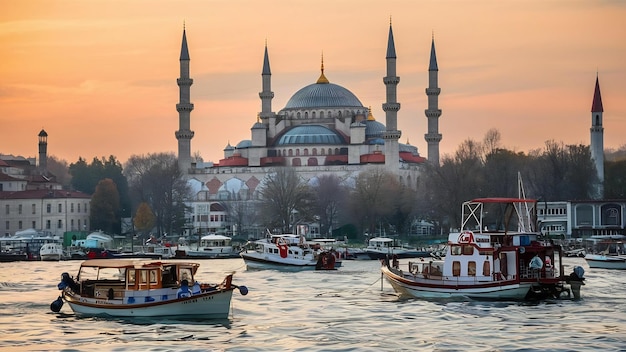 Photo view of the suleymaniye mosque and fishing boats in eminonu istanbul turkey