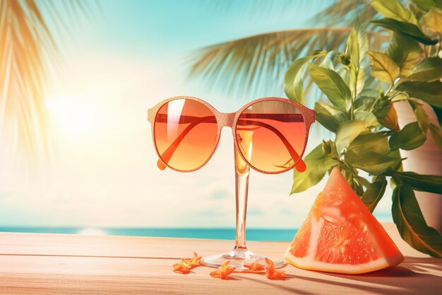 View of summer sunglasses with cocktail and coral