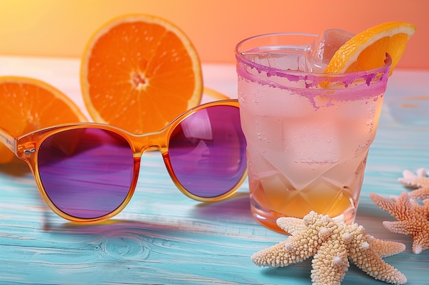 View of summer sunglasses with cocktail