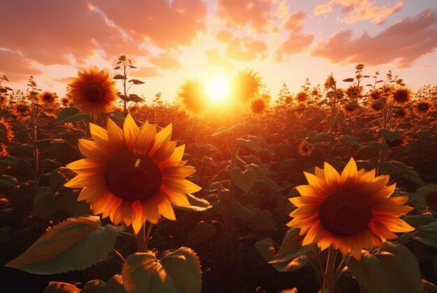 The view of the sunflower garden with the beauty of the sunrise in the morning generative ai