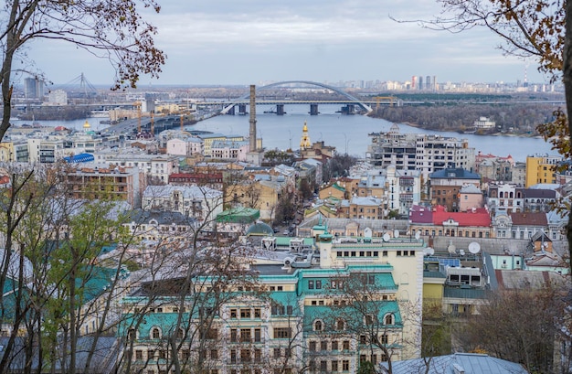 A view on a sunny day to Podil Kiev region and the Dnieper river Ukraine