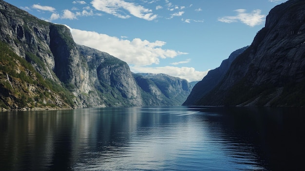 Photo view of sunnylvsfjorden fjord and famous seven sisters waterfalls generative ai