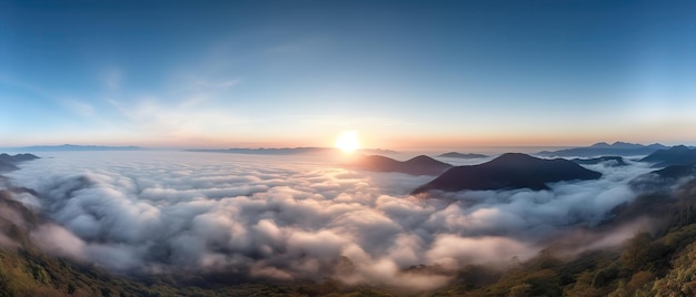Вид на восход солнца с облаками и горными вершинамиВид с воздуха Панорамный снимок Генеративный ИИ