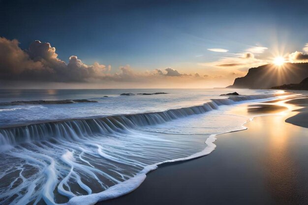 A view of the sunset and the beach