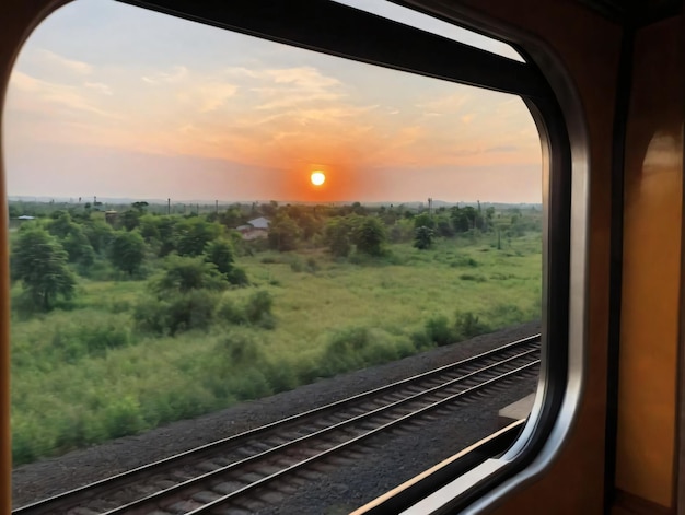 A View Of A Sunset From A Train Window