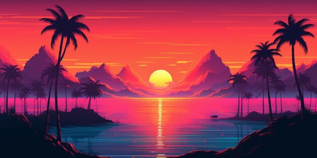 A view of a sunset with palm trees and mountains in the background generative ai