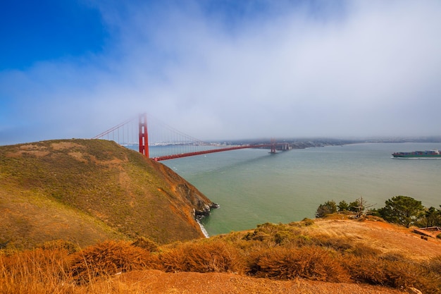 View of suspension bridge against cloudy sky