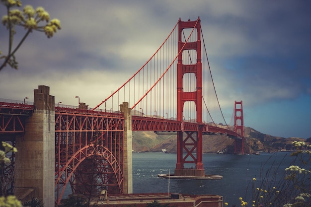 View of suspension bridge against cloudy sky