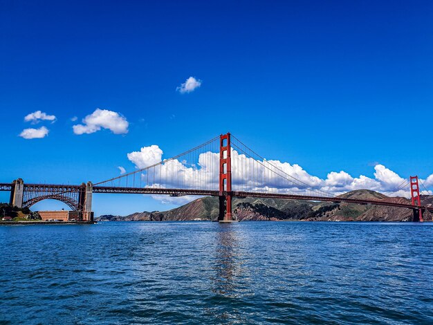 View of suspension bridge against cloudy sky