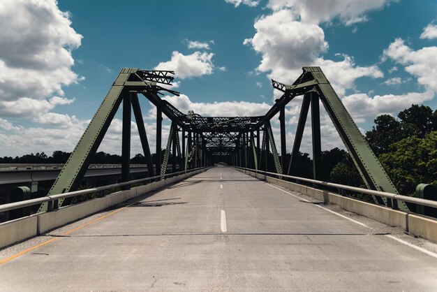 View of suspension bridge against cloudy sky