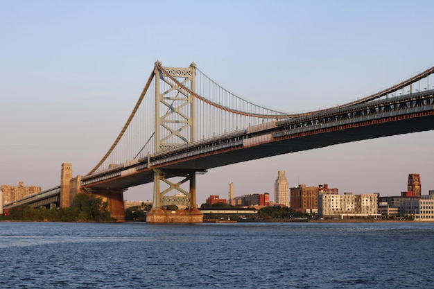 View of suspension bridge in city