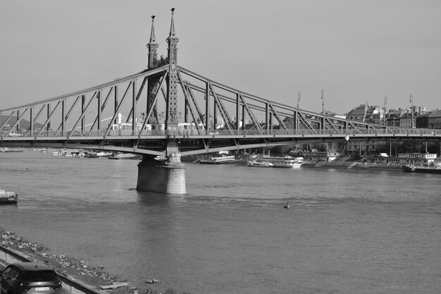 View of suspension bridge over river