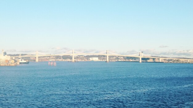 View of suspension bridge over river