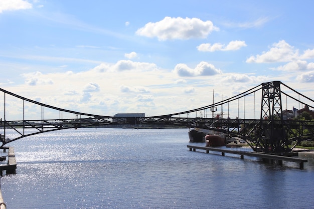 Photo view of suspension bridge over river