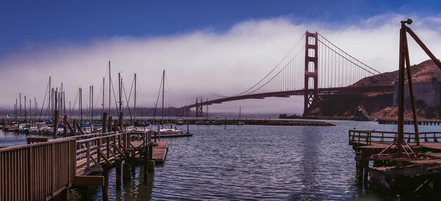 View of suspension bridge over sea