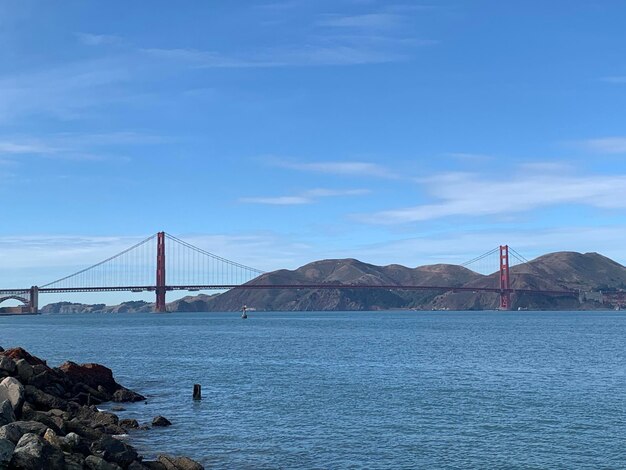 View of suspension bridge over sea