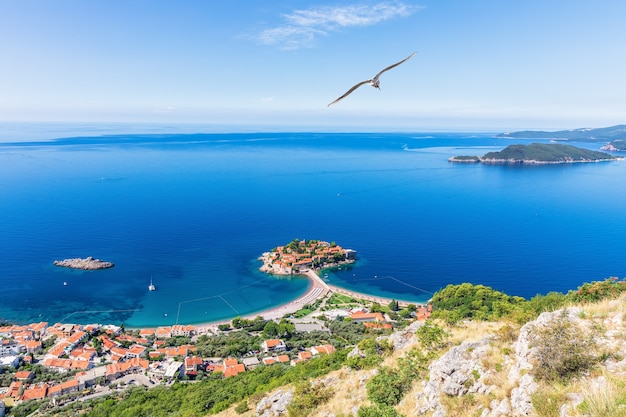 View on Sveti Stefan island from the rock, Budva riviera, Montenegro.