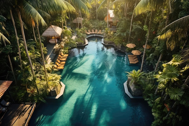 View of swimming pool and sunbeds in tropical jungle resort Creating a serene and relaxing ambiance surrounded by the nature Bali Indonesia