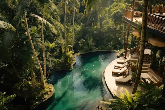 Вид на бассейн и шезлонги на курорте в тропических джунглях. Создание безмятежной и расслабляющей атмосферы в окружении природы Бали, Индонезия.