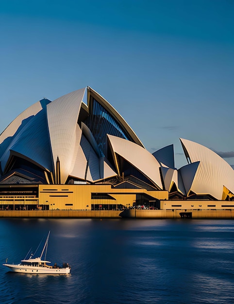 Foto una vista del teatro dell'opera di sydney dall'acqua generative ai