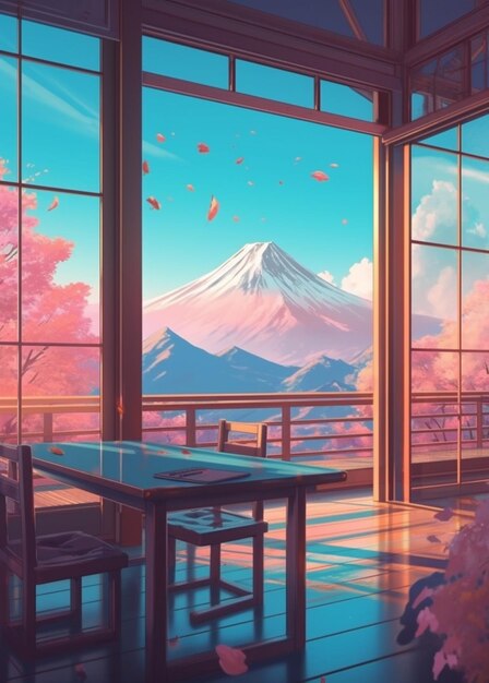 A view of a table and chairs in a room with a mountain in the background generative ai