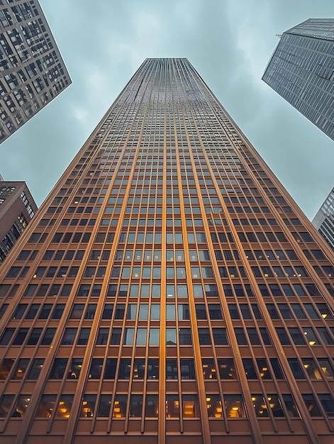 A view of a tall building with a cloudy sky