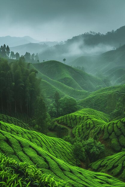 Photo a view of a tea plantation in the mountains