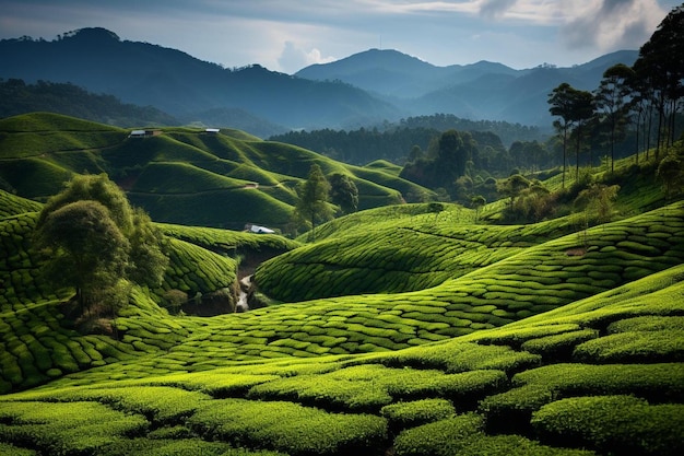 a view of a tea plantation with mountains in the background.