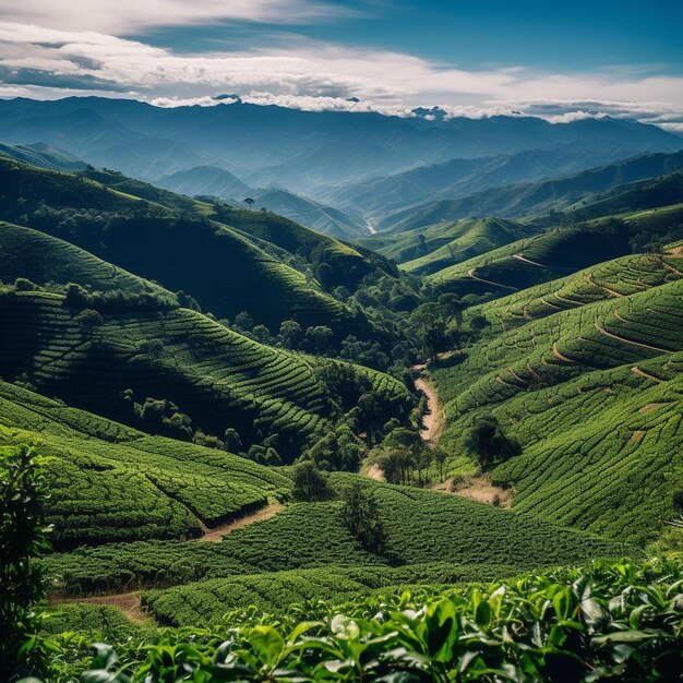 a view of a tea plantation with a road leading to the mountains