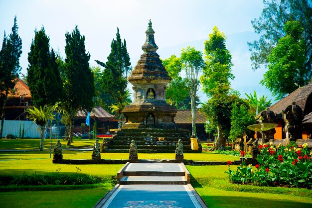 View of temple against building