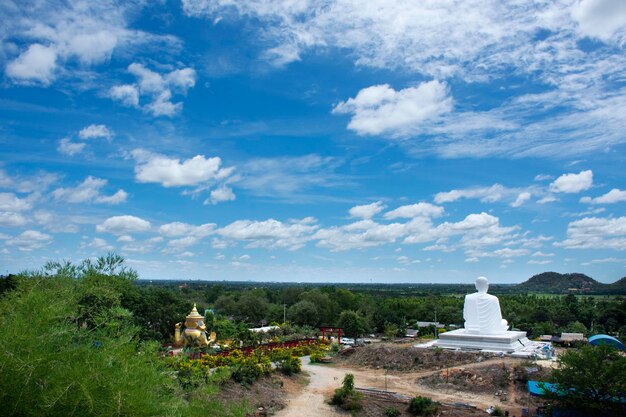 View of temple on building against cloudy sky