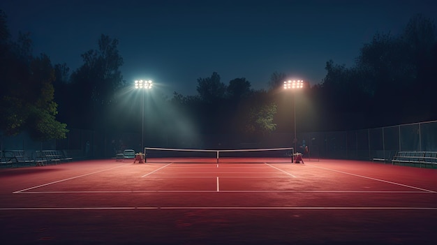 Вид теннисного корта с светом от прожекторов на темном фоне, сгенерированное ИИ