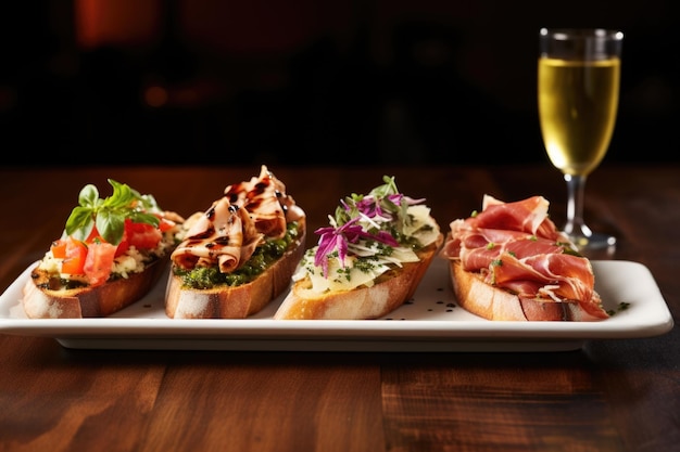 View of three varieties of bruschetta with thin prosciutto on top