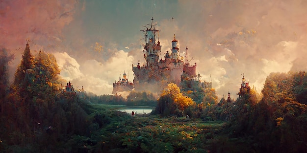 View through a beautiful enchanting fairy tale woodland onto a castle and a sailing ship, 3d render.