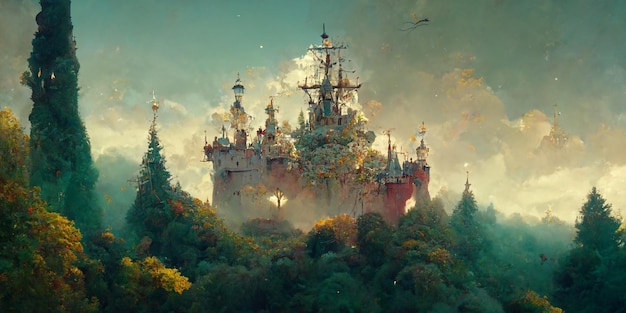 View through a beautiful enchanting fairy tale woodland onto a castle and a sailing ship, 3d render.