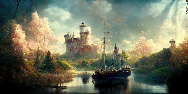 Photo view through a beautiful enchanting fairy tale woodland onto a castle and a sailing ship, 3d render.