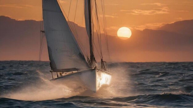 The view through the spray of how the sailboat is heeling at sunset splashes shine in the sun